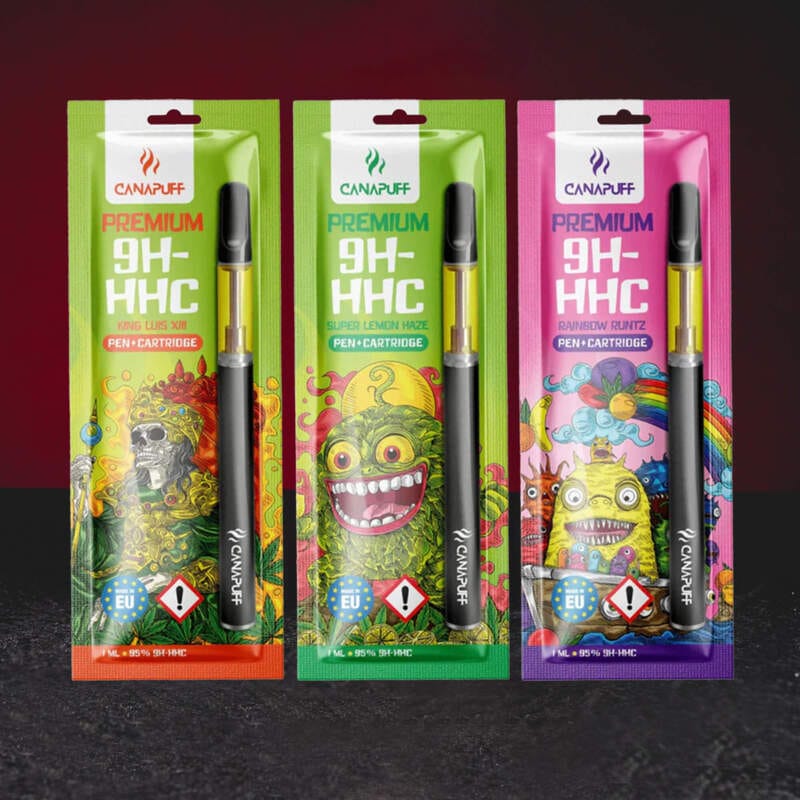9H-HHC Vape set 95% 1ml – prémium cartridge pen szett innovatív 9H-HHC kannabinoiddal Super Lemon Haze, Rainbow Runtz, King Luis XIII és rainbow runtz variánsokban