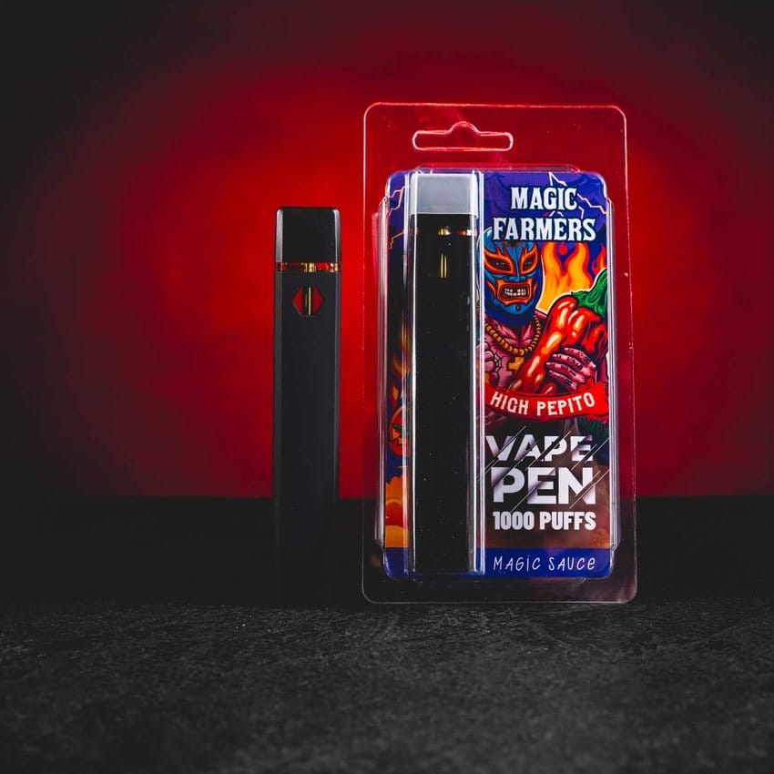 Prémium High Pepito egyszer használatos vape toll gyümölcsös-fűszeres profillal és játékos karakterrel az intenzív pihenés pillanataihoz. magic farmers high pepito vape pen egyszer használatos vaporizér 1000 puffs kratomworld eladás