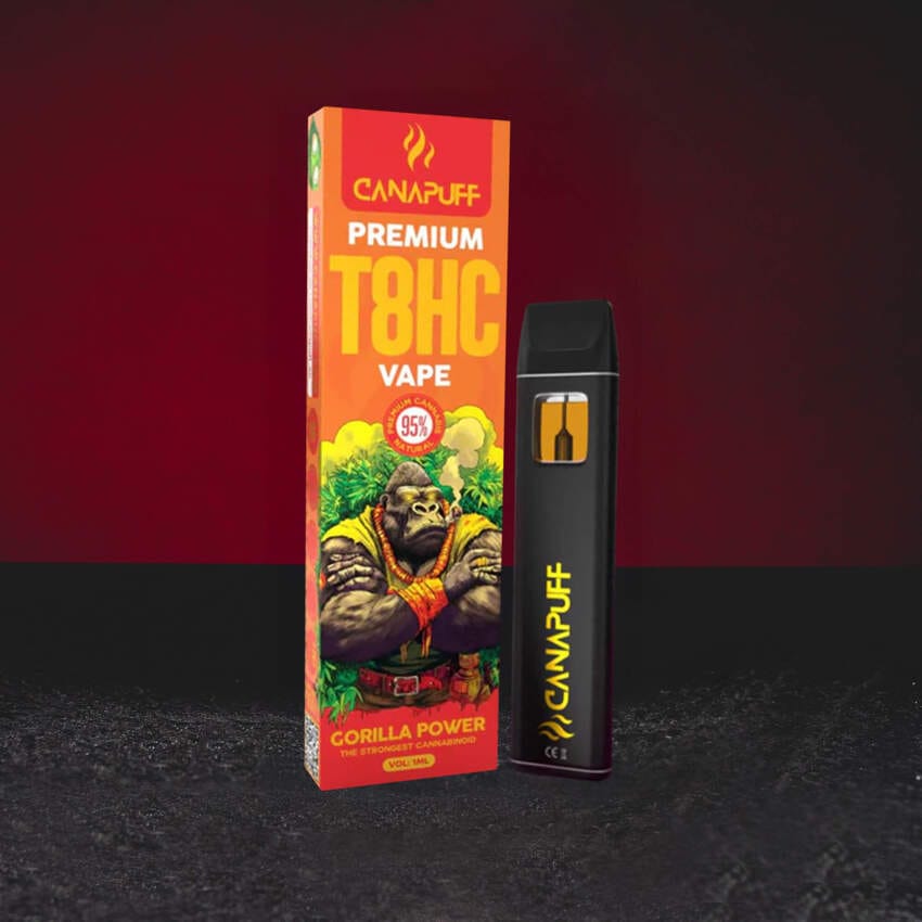 T8HC Vape 1 ml Gorilla Kush, egyszer használatos vape fejlett T8HC kannabinoiddal, klasszikus kush profil földes és fás tónusokkal, mély relaxáció és nyugodt atmoszféra, hosszan tartó kiegyensúlyozott hatás, Kratom World eladás gorilla power