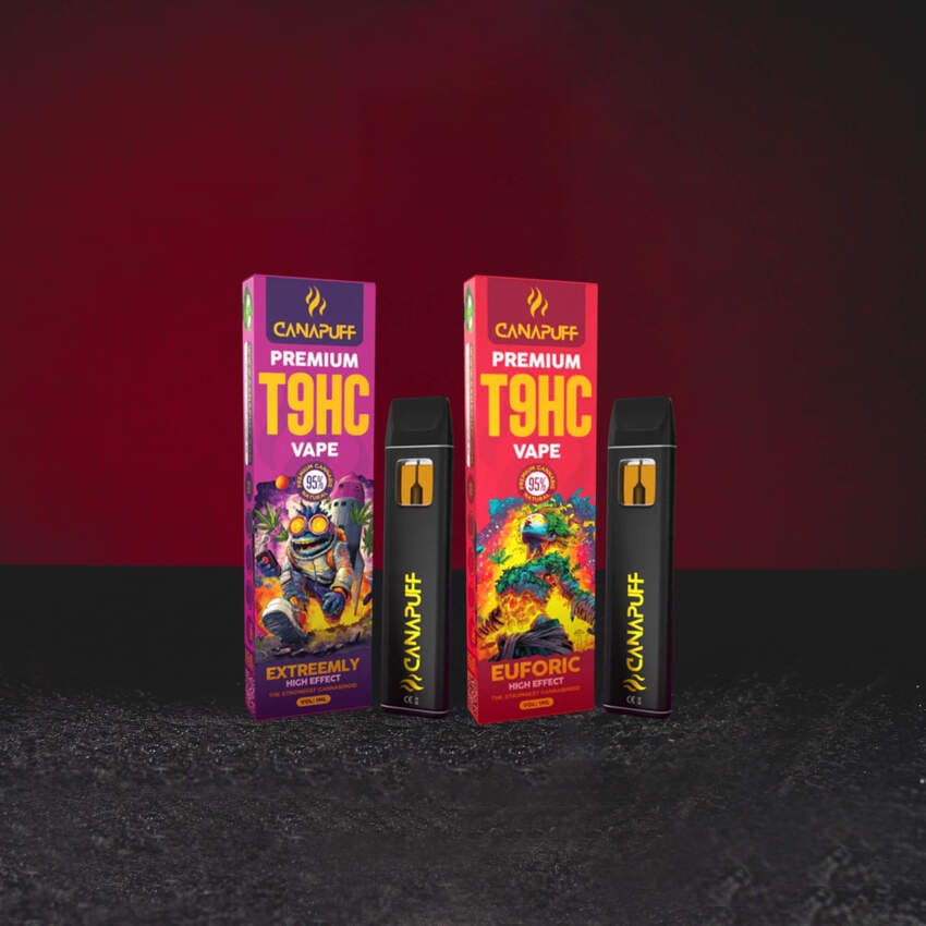T9HC Vape 95% 1 ml Extreemly és Euforic változatok szettje, új T9HC kannabinoid típus, egyszer használatos vaporizátorok magas koncentrációval, intenzív eufória és ellazulás, Kratom World teljes kínálata