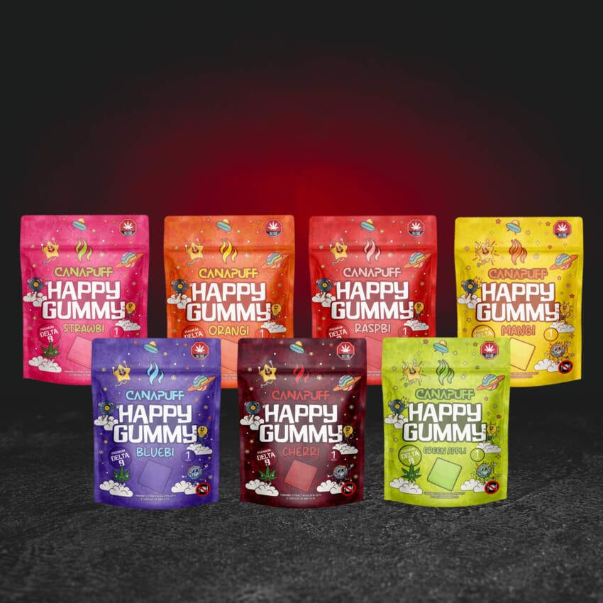 TH Happy Gummy – hét gyümölcsös változatból álló kollekció Raspbi, Strawbi, Bluebi, Mangi, Cherri, Green Appli és Orangi ízekben, TH kannabinoiddal